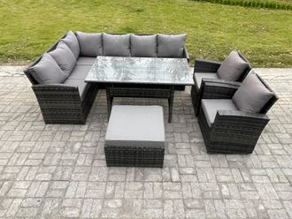 Fimous 9 Seater Outdoor Rattan Garden Furniture Set with Dining Table Big Footstool 2 Armchiars Patio Wicker Corner Sofa Set in Dark Grey