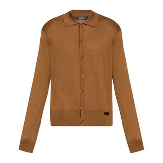 Versace Cardigans, male, Brown, Size: XL Silk-Blend Knit Polo Cardigan