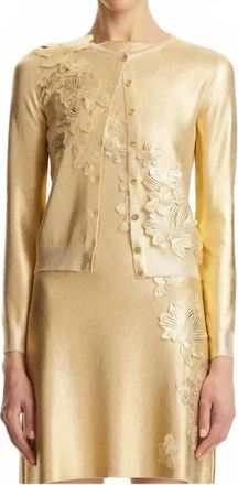 Oscar De La Renta Long Sleeve Foil Lace Embroidered Cardigan In Gold