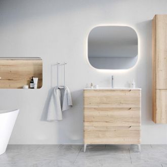 Aurlane Aurlane - Mueble De Ba&ntilde;o 80 Cm 3 Cajones Roble Claro - Lavabo De Cer&aacute;mica Blanca