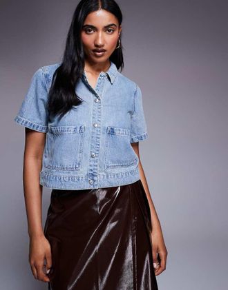 Abrand Darling - Camicia giacca in denim lavaggio chiaro con mezze maniche-Blu