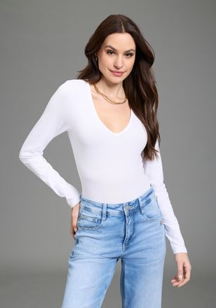 Laura Scott Langarmbody LAURA SCOTT, Damen, Gr. 34, N-Gr, wei&szlig;, Single Jersey, Obermaterial: 95% Baumwolle, 5% Elasthan, Basic, sehr figurbetont, V-Ausschnitt, Bo