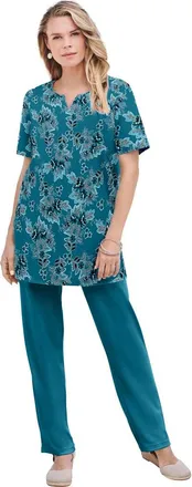 Roaman's Plus Size Soft Knit Print Tunic With Notch Neckline in Teal Rose Floral at Nordstrom, Size Medium