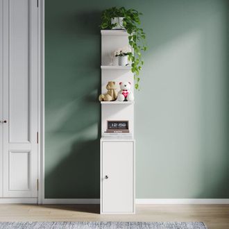 Elegant Lighting Shelves, Display Storage Rack Free Standing Shelf Unit with 1 Large Sliding Door Storage Cabinet and Open Partition Shelves, White