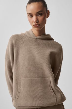 Alo | Scholar Hooded Sweater Top in Gravel Beige, Size: Medium