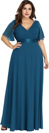 Ever-pretty Womens Double V Neck Empire Waist Short Sleeve A Line Asymmetrical Hem Long Chiffon Plus Size Bridesmaid Dresses Teal 20UK