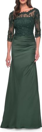La Femme Satin and Lace Off the Shoulder Mermaid Gown in Dark Emerald at Nordstrom, Size 12
