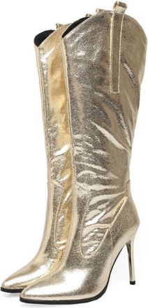 Generic Womens Pointed Toe Metallic Knee High Riding Boots Stiletto High Heel V-Cut Wide Calf Pull On Party Wedding Shoes (7.5,Gold)