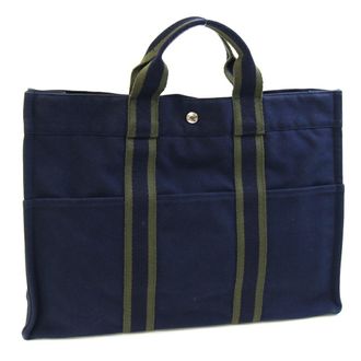 Herm&egrave;s Khaki Navy Cotton Canvas Handbag Tote Bag (Pre-Owned)