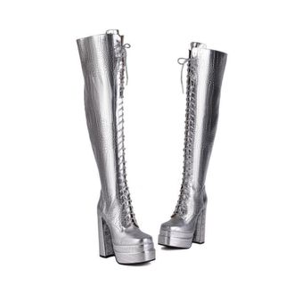 Generic Fashion Womens Gold Snake Print Over-The-Knee Boots, Chunky Block Heel & Square Toe, Side Zipper Winter Thigh High Boots for Women(Silver,6.5 UK)