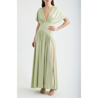 Delfi Plunge Neck Side Slit Gown in Sage at Nordstrom, Size X-Small