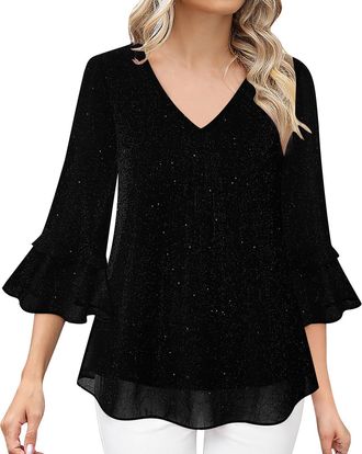 Generic Sparkly Tops for Women UK Glitter Shirts Ladies V Neck Blouse Sequin Festive 3/4 Sleeve Party Chiffon Loose Fit Tunic Tops Ruffle Flowy Double Layered