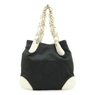 Chanel Black White Canvas Leather Handbag Shoulder Bag Tote Bag (Pre-Owned)