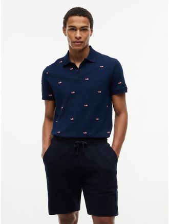 Tommy Hilfiger Mens Regular Fit Allover Flag Logo Pique Polo - Navy - XL