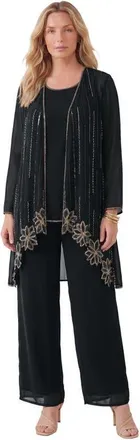 Roaman's Plus Size Long Sleeve Floral Beaded Georgette Three Piece Pant Set in Black at Nordstrom, Size 30