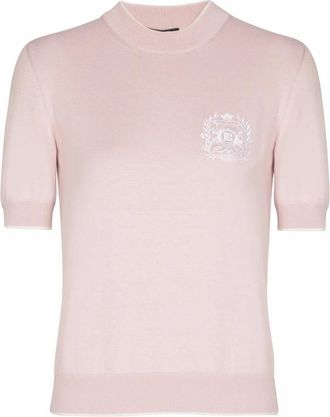 Balmain Embl&egrave;me-geborduurde gebreide top - Dames - Ronde hals truien - Roze - L - Katoen - Truien & Vesten