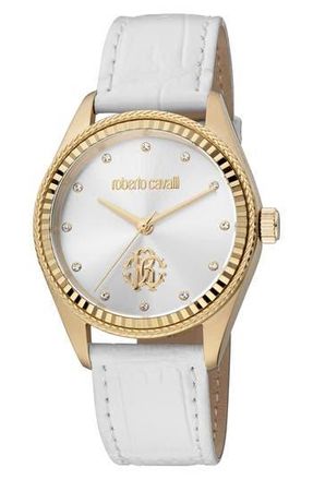 Roberto Cavalli Leather Strap Watch, 39mm in White at Nordstrom Rack