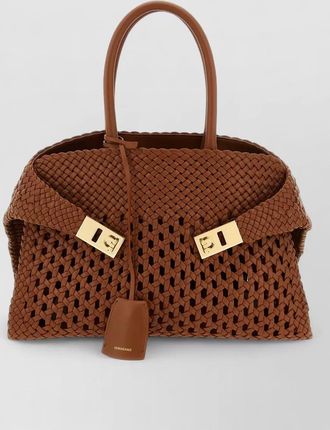 Ferragamo woven tote bag top handles gold hardware