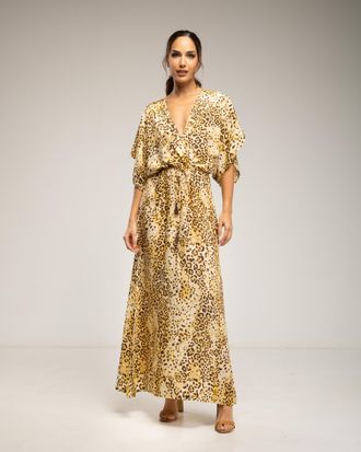 Tantra Lange jurk met dierenprint, overslagkraag, gerimpelde taille en zijsplitjes