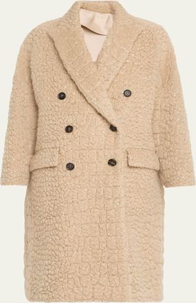 Brunello Cucinelli Paillette Crocco-Effect Mohair Double-Breasted Overcoat