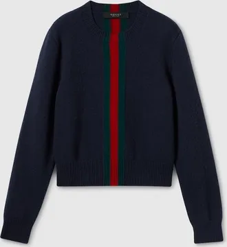 Gucci Fine Knit Wool Sweater With Web, Blue, Ready-to-wear