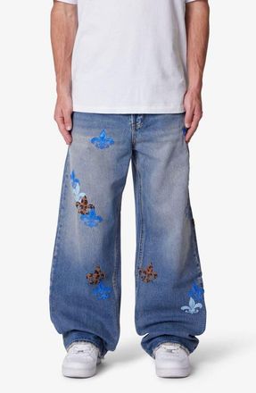 mnml Embroidered Fleurs de Lis Ultra Baggy Jeans in Blue at Nordstrom, Size 40
