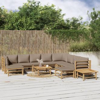 vidaXL Set De Muebles De Jard&iacute;n 12 Piezas Bamb&uacute; Y Cojines Gris Taup&eacute; Vidaxl