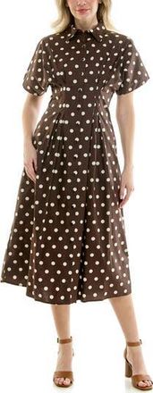 Nicole Miller Polka Dot Pintuck Waist Midi Shirtdress in Coffee Bean Dot at Nordstrom Rack, Size 12