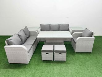 Fimous 9 Seater Poly Rattan Outdoor Garden Furniture Adjustable Lifting Dining or Coffee Table Sofa Set Patio 3 Seater Sofa Reclining Chair 3 Seater