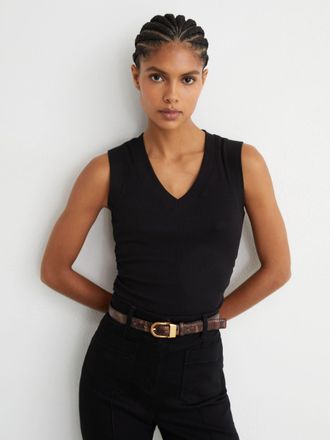 Reiss Black Stretch-cotton Rib Ruched V-neck Vest, XS