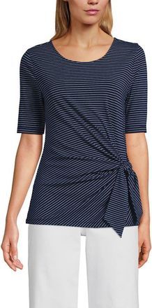 Lands End Lightweight Jersey Tie Front Top in Deep Sea Navy Thin Stripe at Nordstrom, Size X-Large