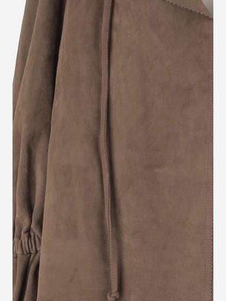 By Malene Birger Womens Suede Blouse With Ruffled Neckline Brown Goat Leather Shirt
