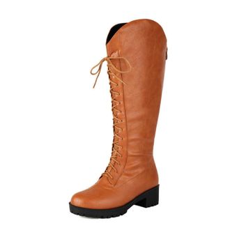 Generic Womens Lace Up Knight Boots Low Block Heel Knee High Boots Round Toe PU Leather Casual Long Boot,Yellow,3.5 UK