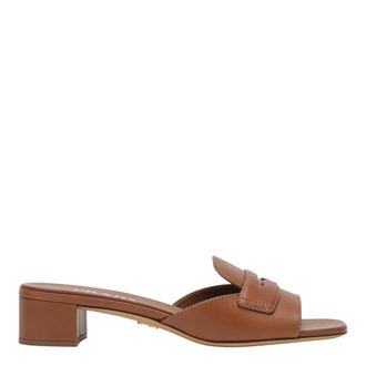 Prada Heeled Mules, female, Brown, Size: 6 1/2 US Leather Sandals