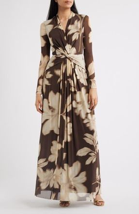 Anne Klein Floral Print Twist Front Long Sleeve Maxi Dress in Molasses Multi at Nordstrom, Size X-Large P