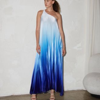 Delfi Erica One Shoulder Pleated Maxi Dress In Blue Ombre