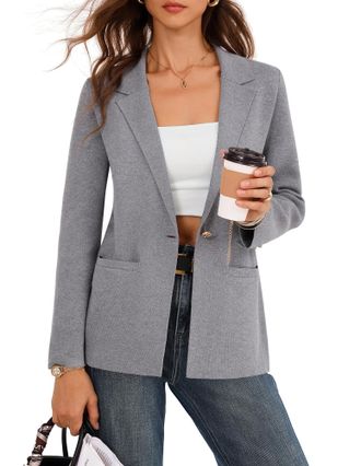 Grace Karin Cozy Cardigans for Women UK Button-up Notch Lapel Blazers Elegant Knit Sweater Grey L