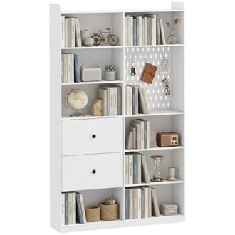 HOMCOM Homcom Estanter&iacute;a Para Libros Alta Y Estrecha, Librer&iacute;a De 6 Niveles Con Panel Perforado, 2 Cajones, 8 Compartimentos Abiertos, 120x30x200 Cm, Blanco