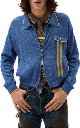 Versace Greca Jacquard Wool & Silk Blend Moulin&eacute; Zip Cardigan in Sky at Nordstrom, Size 38 Us
