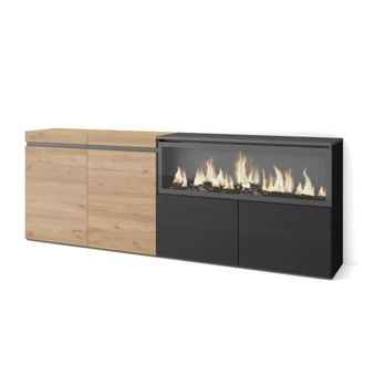 Skraut Home Aparador efecto madera roble y negro 208x35x75cm chimenea efecto fuego