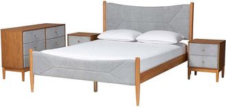 Baxton Studio Taylin Mid-Century Corduroy & Wood Queen 4pc Bedroom Set with 2 Nightstands