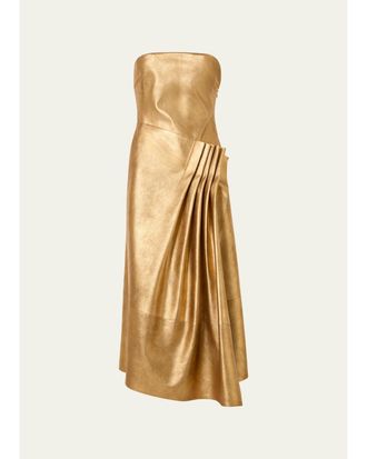 Akris Strapless Asymmetric Gathered Lam&eacute; Nappa Leather Midi Bustier Gown