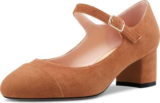 Castamere Women Chunky Block Mid Heel Round Cap Toe Mary Jane Pumps Court Shoe Wedding Office Casual 5 CM Heels Brown Suede 8 UK