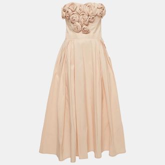 Elisabetta Franchi Powder Pink Rose Applique Gabardine Midi Dress