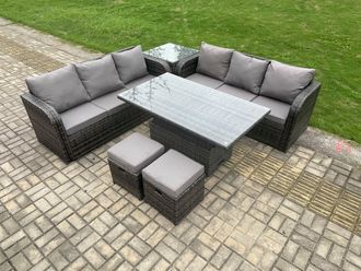 Fimous Outdoor Rattan Garden Furniture Sets Height Adjustable Rising lifting Dining Table Sofa Set with Side Table in Dark Grey