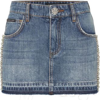 Philipp Plein Denim Mini Rok Rib Strass - Dames - Spijkerrokken - Blauw - XS - Denim - Rokken