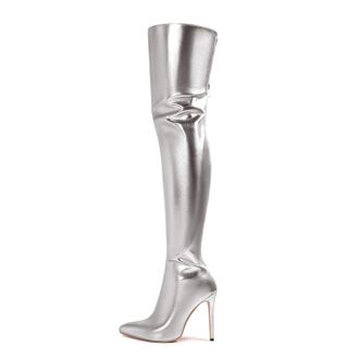 Generic Silver,8.5 UK,Womens Thigh High Boots Back Zipper Pointy Toe Stiletto Heels Colorful Patent Leather PU Fashion Long Boot Party Dress Shoes