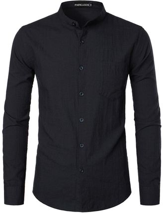 PARKLEES Mens Cotton Linen Long Sleeve Button Up Grandad Collar Shirts with Pocket Black S