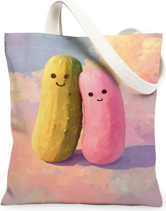 Generic Cute Vegetable Canvas Tote Bags, Smiling Produce Pattern Reusable Grocery Bags, Summer Playful Lightweight Washable Shoulde, Multicolor, 13x15 Inch