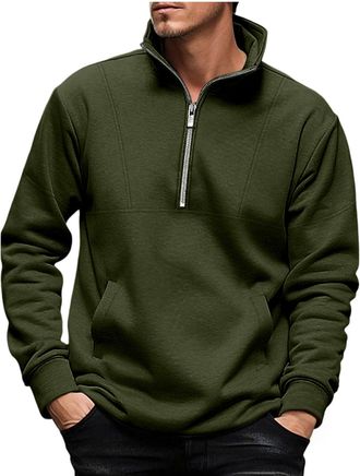 Generic Half zip Sweatshirts for Men UK Fashion Solid Color Stand Collar Jackets Fleece Lined Warm Turtleneck Pullover Classic Loose Fit Long Sleeve Sweatshir